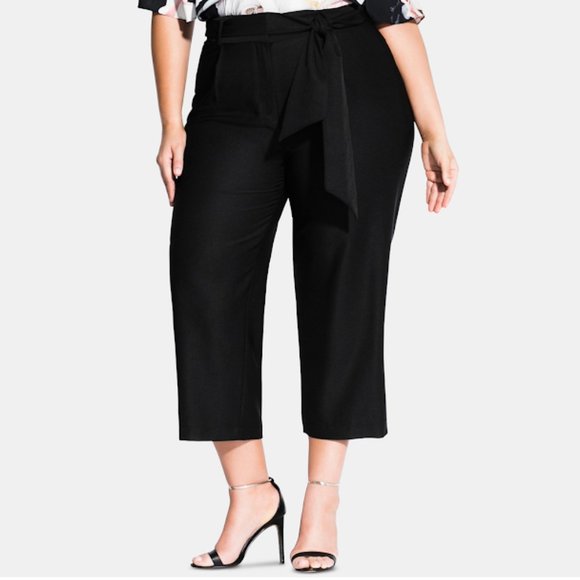 City Chic Casual Pants Womens Plus Black Cropped Wide Leg Tie Front High Rise - Picture 1 of 8